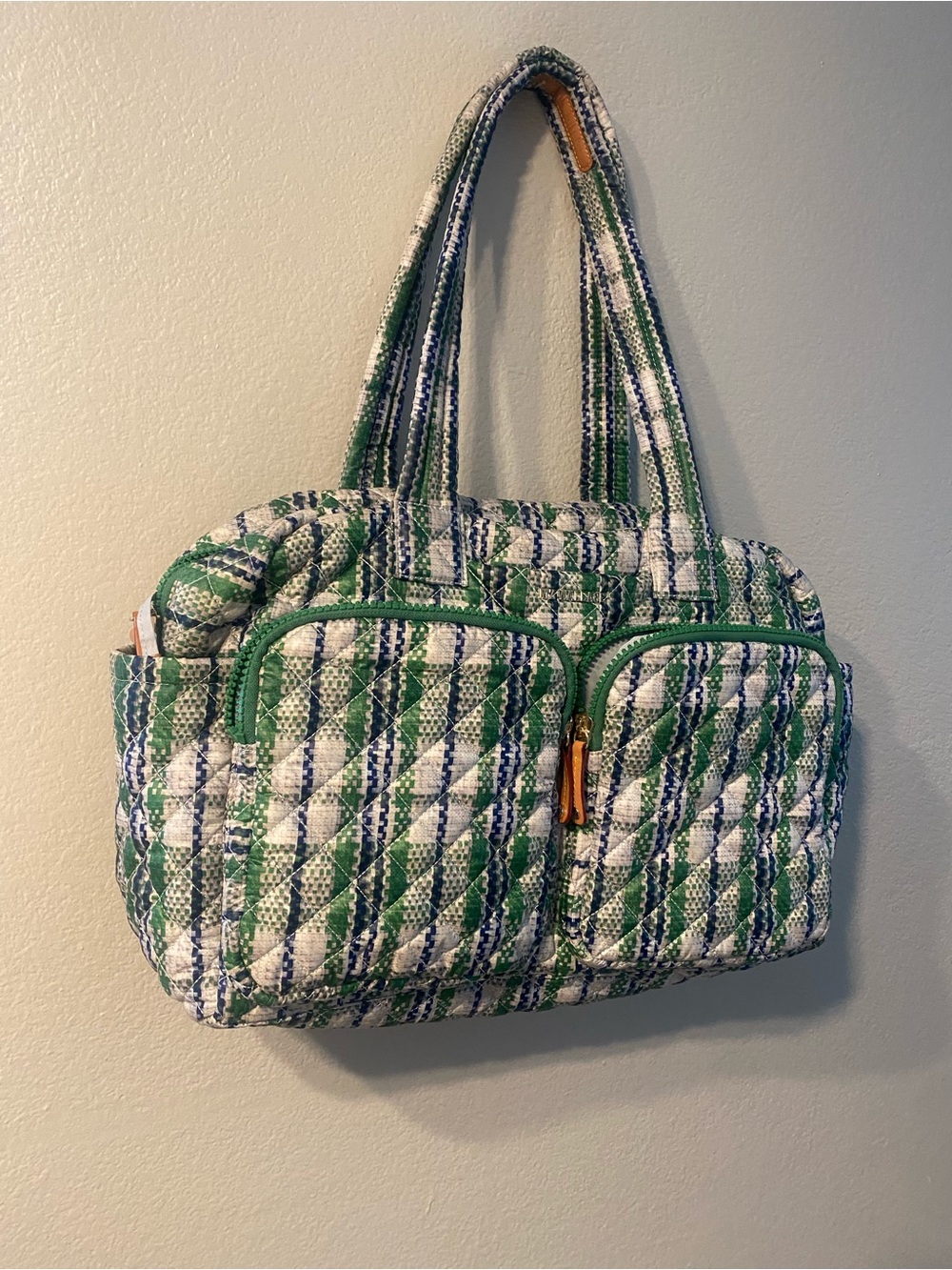 MZ Wallace Spring Plaid Gren Blue Quilted Nik Duffel Travel Bag